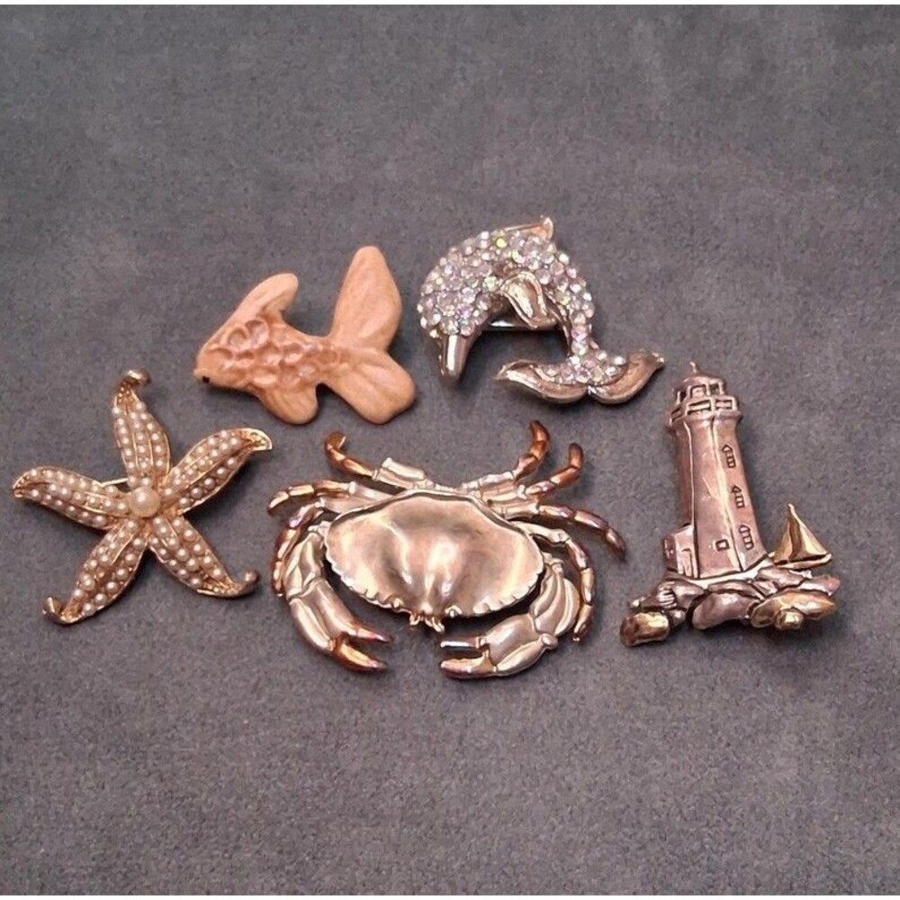 Vintage Beach Brooches (5) Rhinestone Dolphin Crab Lighthouse